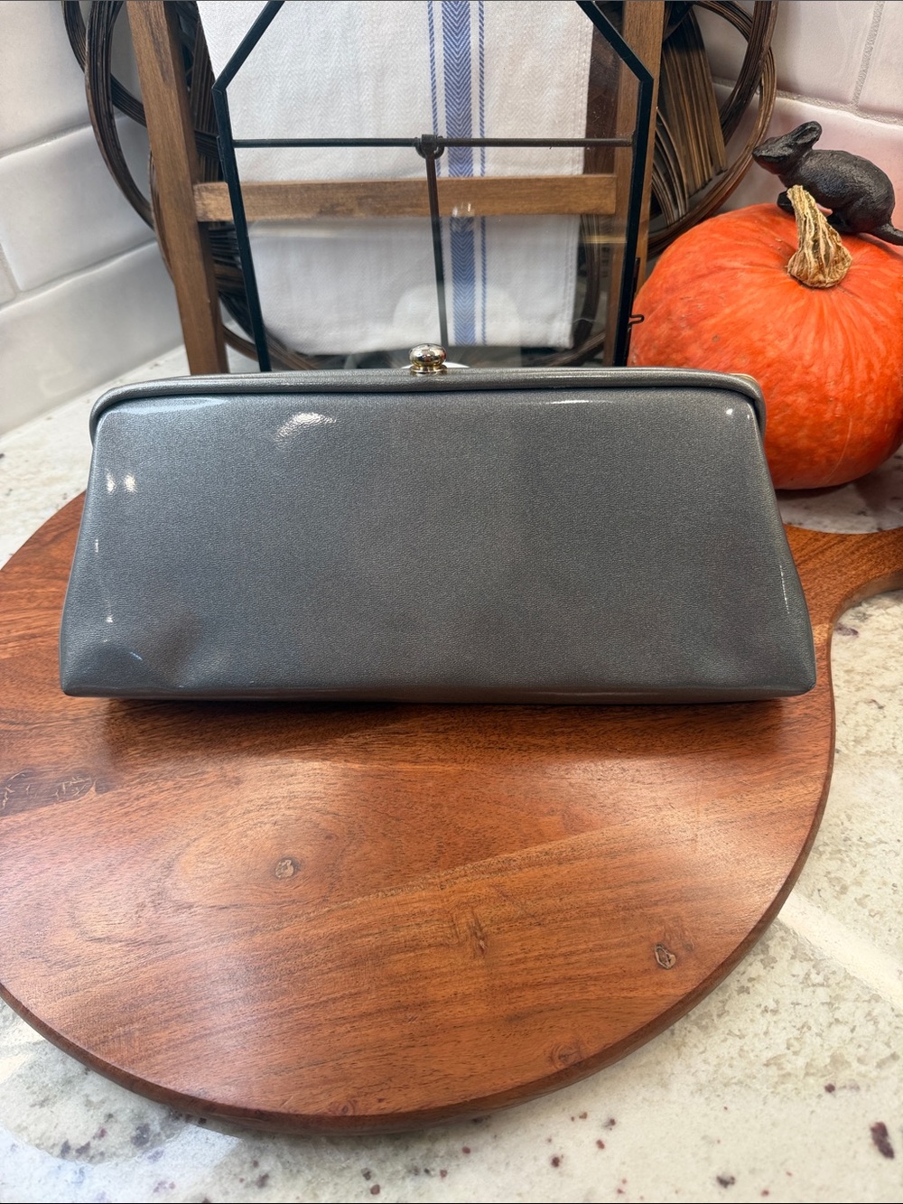 Vintage Pearl Gray Patent Frame-Clasp Clutch